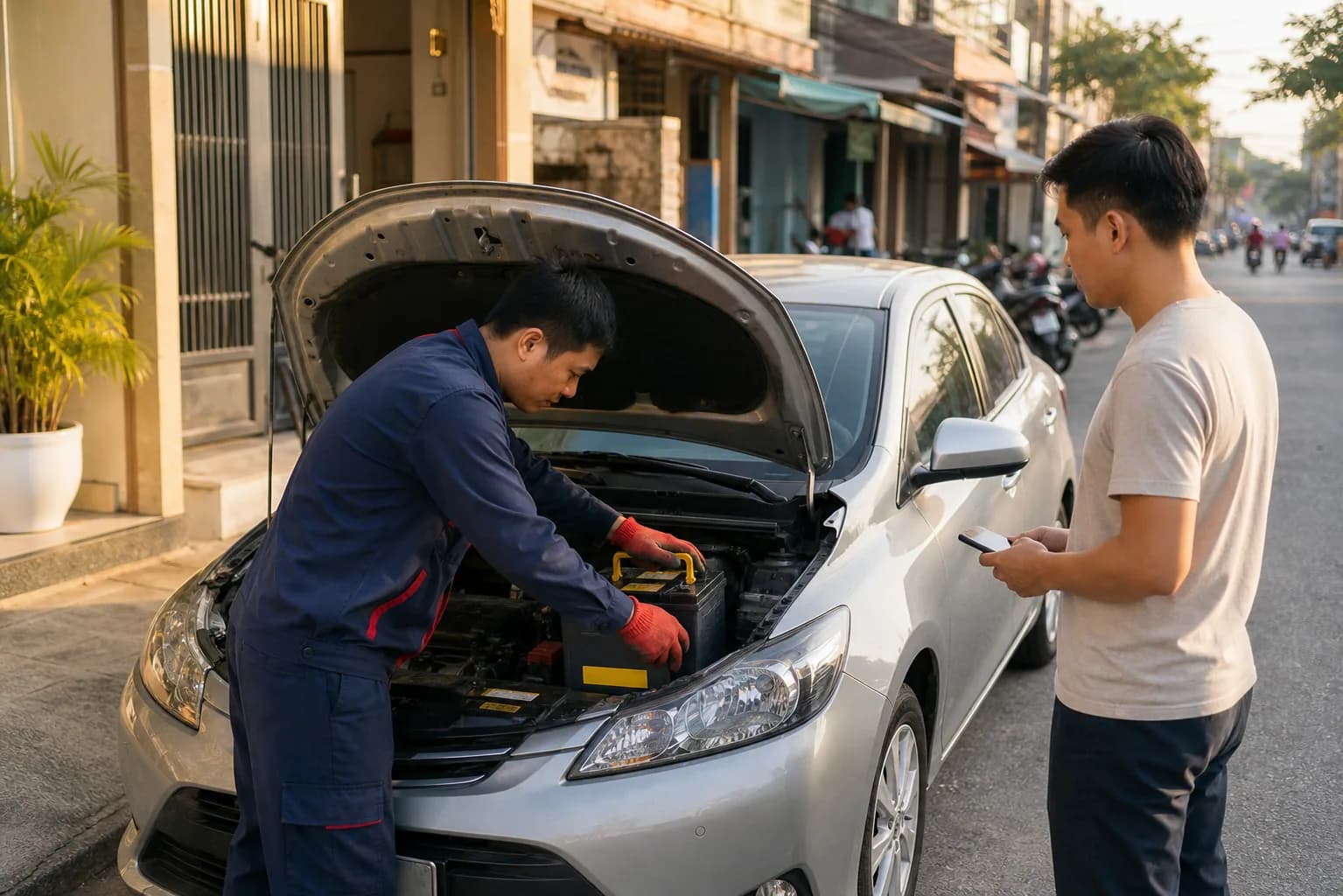 Kỹ thuật viên thay ắc quy ô tô trước nhà tại khu vực An Nhơn