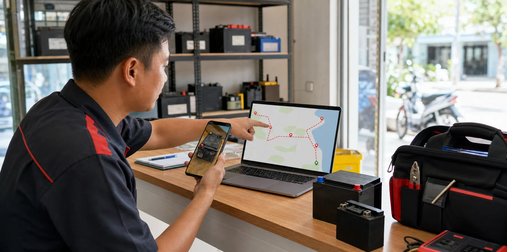 Kỹ thuật viên xem ảnh bình cũ và tư vấn cách xử lý