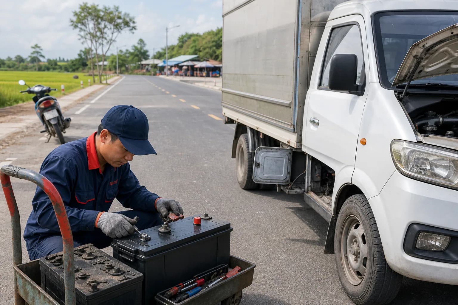 Kỹ thuật viên chuẩn bị bình ắc quy xe tải nhẹ trên tuyến Phù Cát